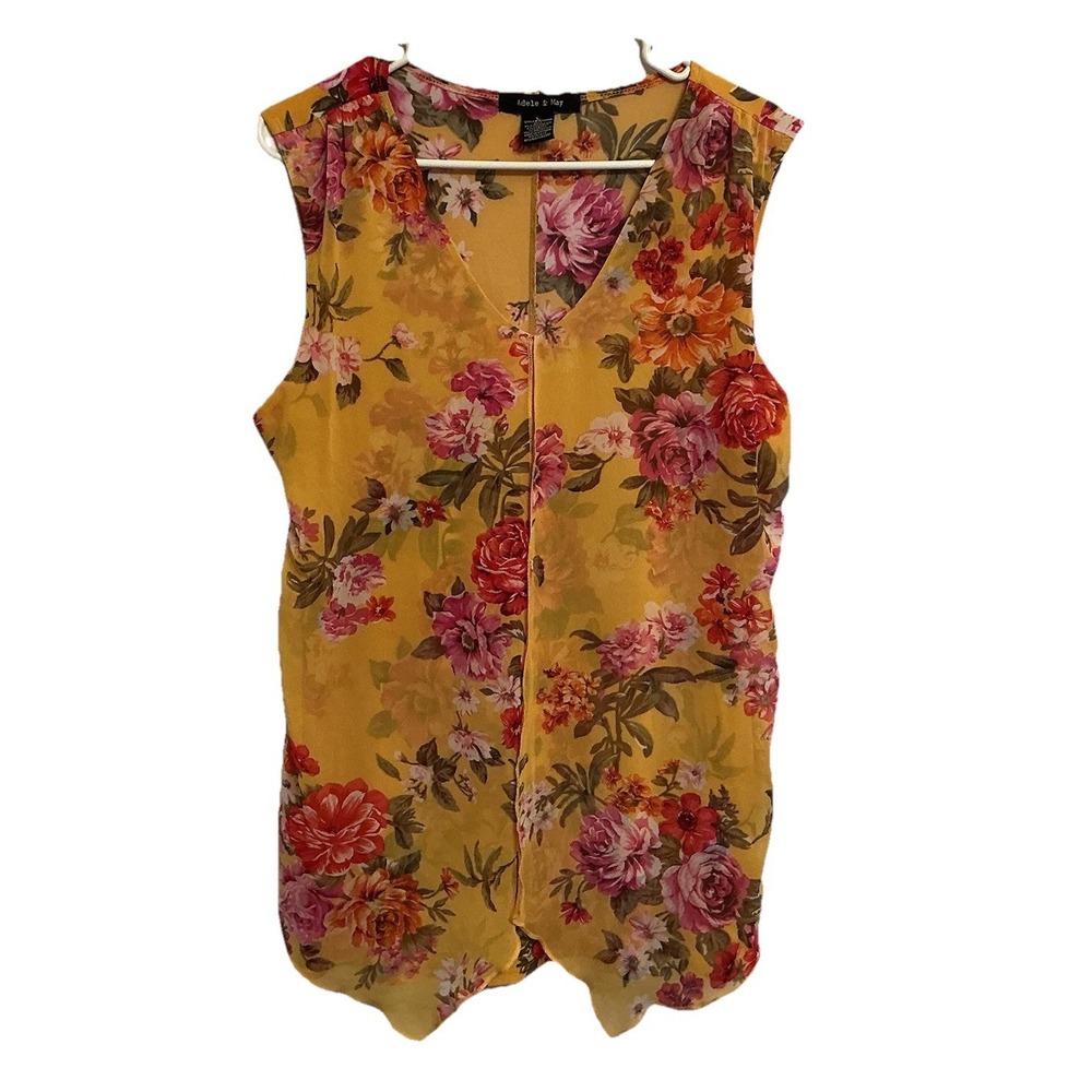 Adele and May Sheer Overlay Lined Sleeveless Stretch Blouse Yellow Floral Size L